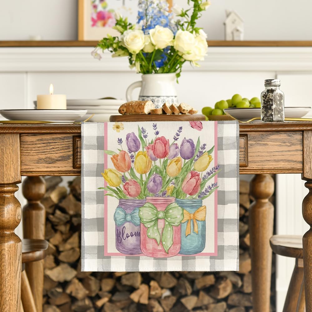 Buffalo Plaid Vase Lavender Tulip Spring Table Runner, Seasonal Kitchen Dining Table Decoration for Home Party Decor 13x72 Inch