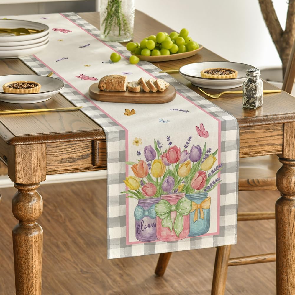 Buffalo Plaid Vase Lavender Tulip Spring Table Runner, Seasonal Kitchen Dining Table Decoration for Home Party Decor 13x72 Inch
