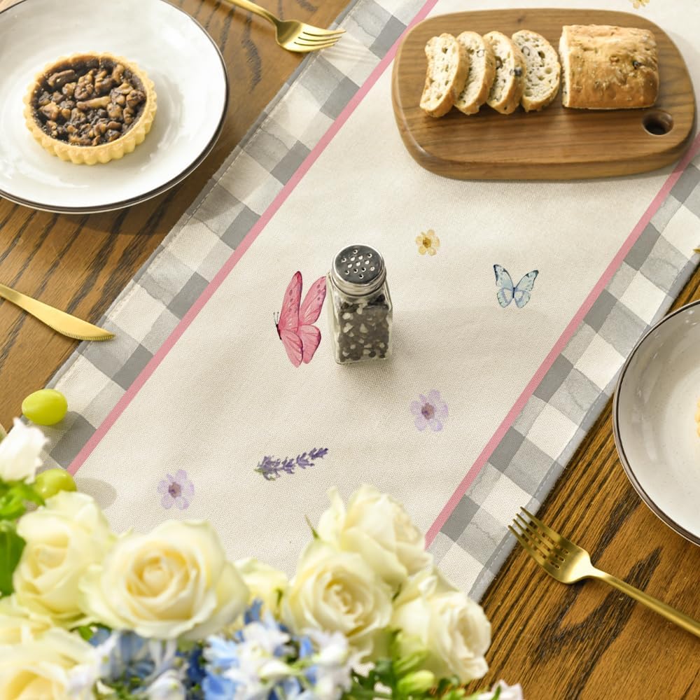 Buffalo Plaid Vase Lavender Tulip Spring Table Runner, Seasonal Kitchen Dining Table Decoration for Home Party Decor 13x72 Inch