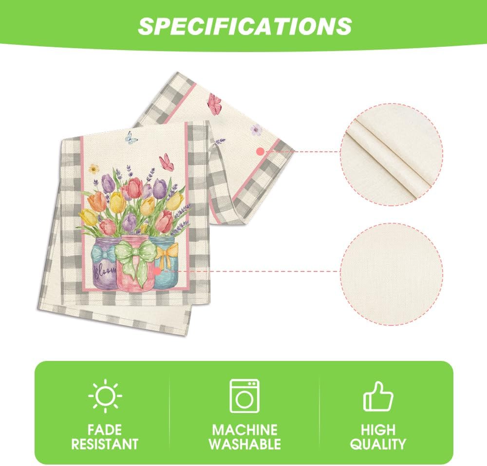 Buffalo Plaid Vase Lavender Tulip Spring Table Runner, Seasonal Kitchen Dining Table Decoration for Home Party Decor 13x72 Inch