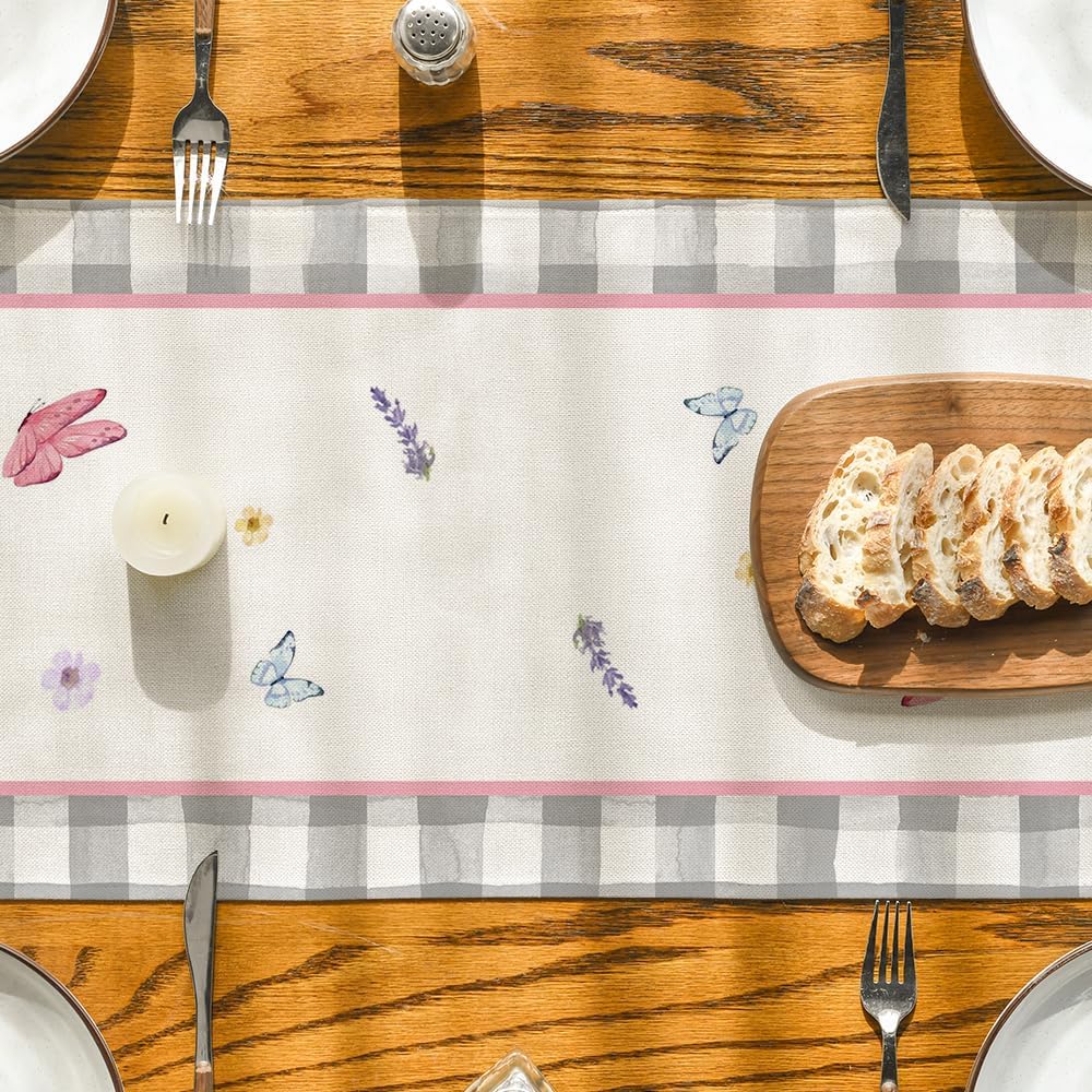 Buffalo Plaid Vase Lavender Tulip Spring Table Runner, Seasonal Kitchen Dining Table Decoration for Home Party Decor 13x72 Inch