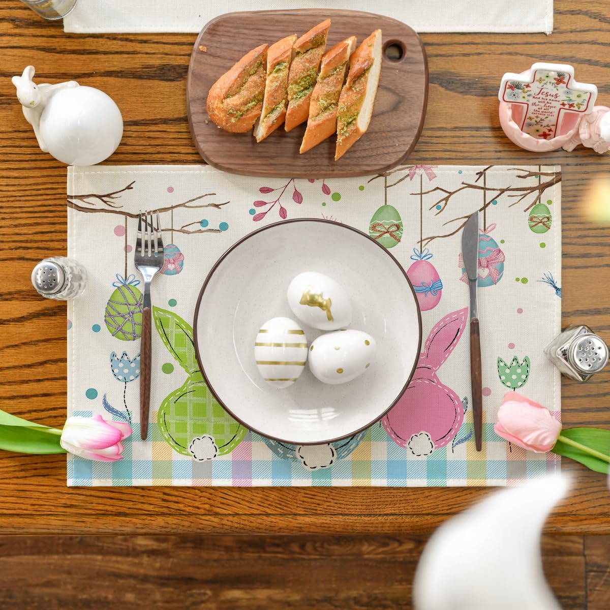 Buffalo Plaid Bunny Egg Carrot Easter Placemats Set of 4, 12x18 Inch Seasonal Spring Table Mats for Party Kitchen Dining Decoration