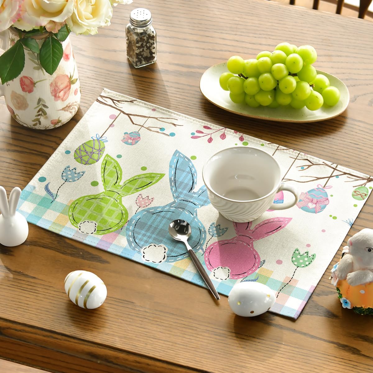 Buffalo Plaid Bunny Egg Carrot Easter Placemats Set of 4, 12x18 Inch Seasonal Spring Table Mats for Party Kitchen Dining Decoration