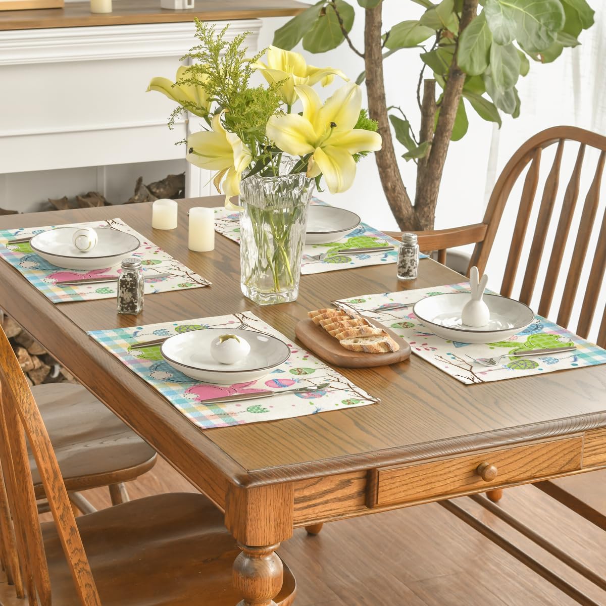 Buffalo Plaid Bunny Egg Carrot Easter Placemats Set of 4, 12x18 Inch Seasonal Spring Table Mats for Party Kitchen Dining Decoration