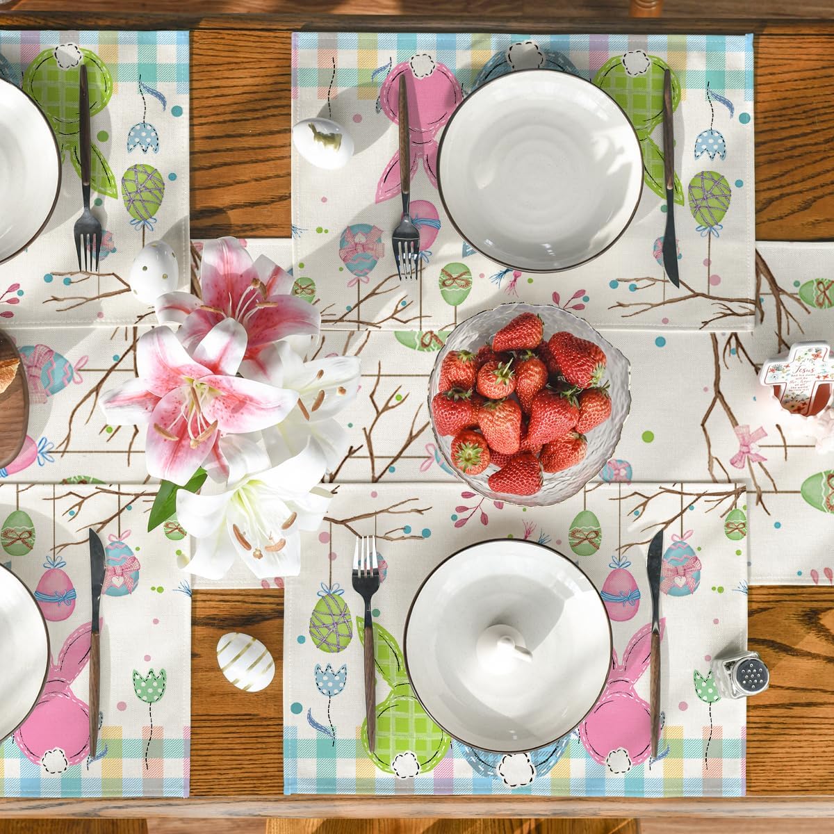 Buffalo Plaid Bunny Egg Carrot Easter Placemats Set of 4, 12x18 Inch Seasonal Spring Table Mats for Party Kitchen Dining Decoration