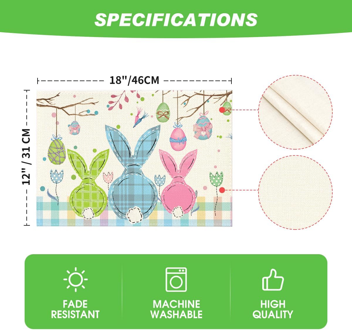 Buffalo Plaid Bunny Egg Carrot Easter Placemats Set of 4, 12x18 Inch Seasonal Spring Table Mats for Party Kitchen Dining Decoration