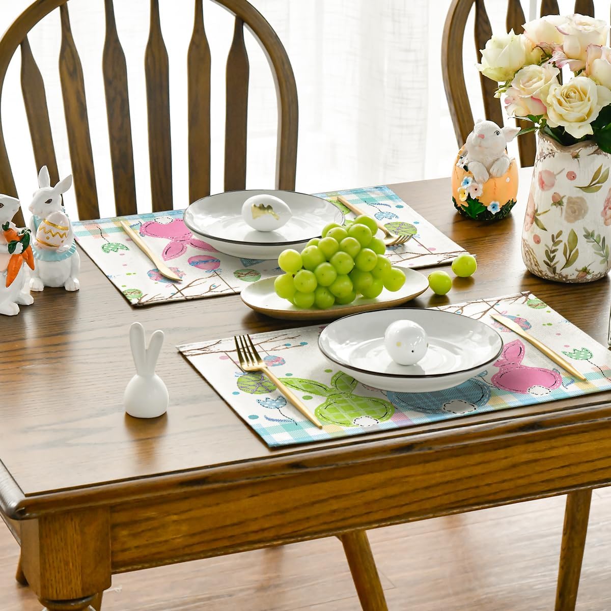 Buffalo Plaid Bunny Egg Carrot Easter Placemats Set of 4, 12x18 Inch Seasonal Spring Table Mats for Party Kitchen Dining Decoration