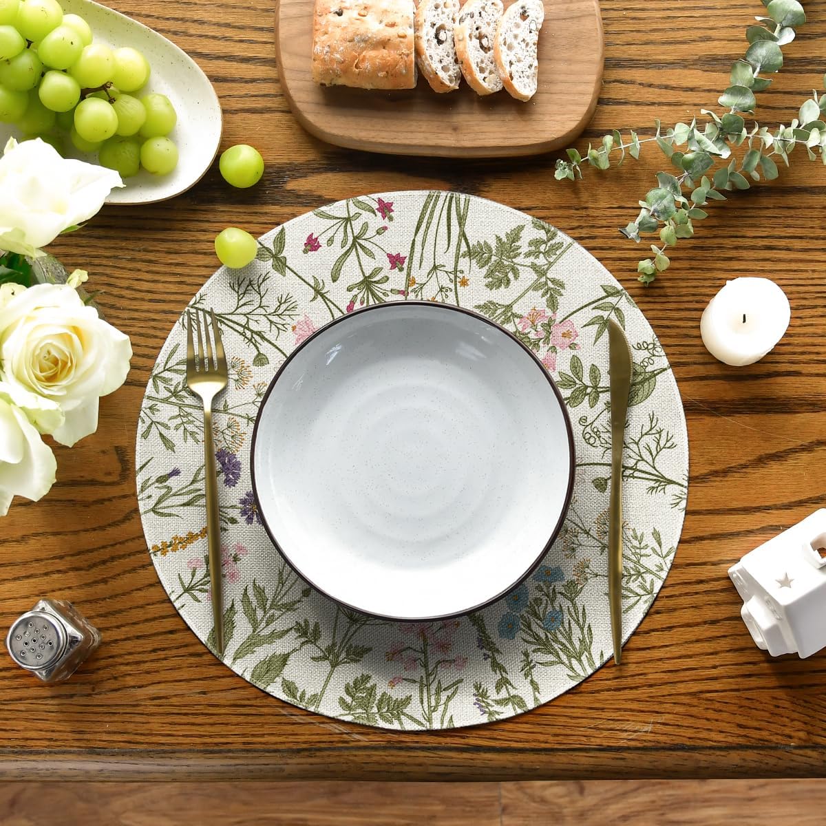 Antique Herbs Wild Flowers Spring Placemats Set of 4, 14 Inch Summer Round Table Mats for Dining Decoration