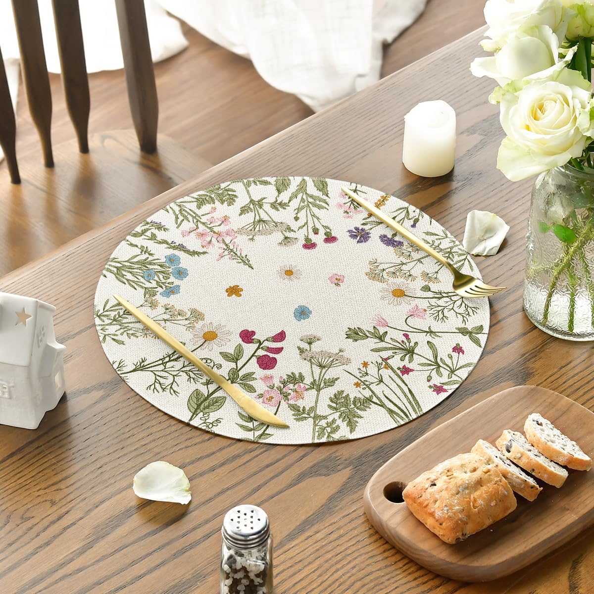 Antique Herbs Wild Flowers Spring Placemats Set of 4, 14 Inch Summer Round Table Mats for Dining Decoration