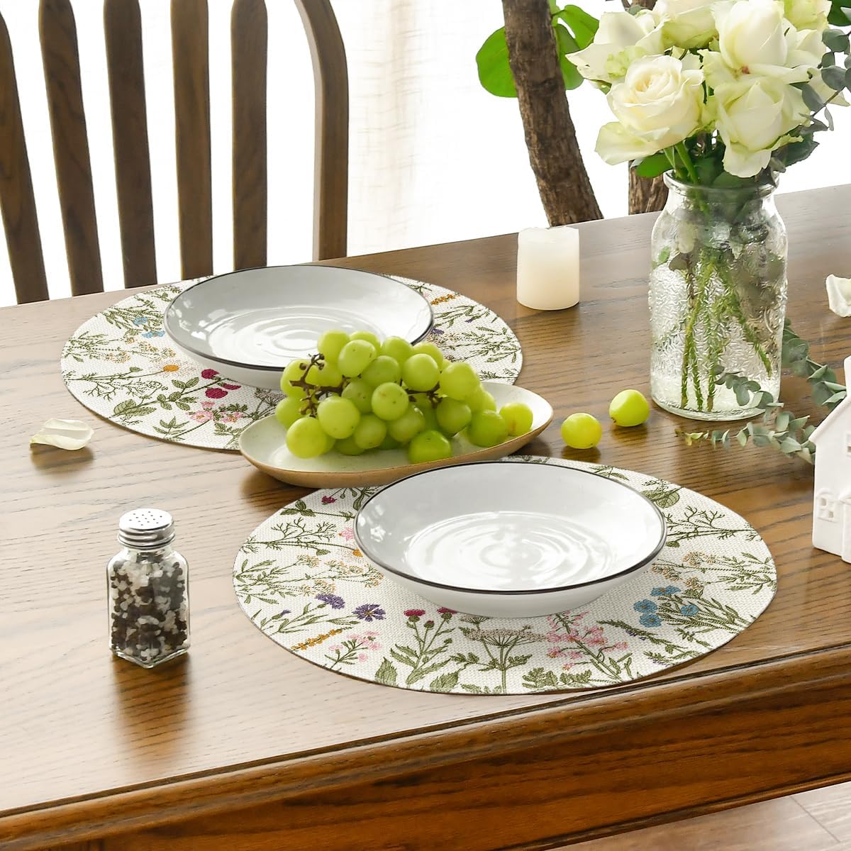 Antique Herbs Wild Flowers Spring Placemats Set of 4, 14 Inch Summer Round Table Mats for Dining Decoration
