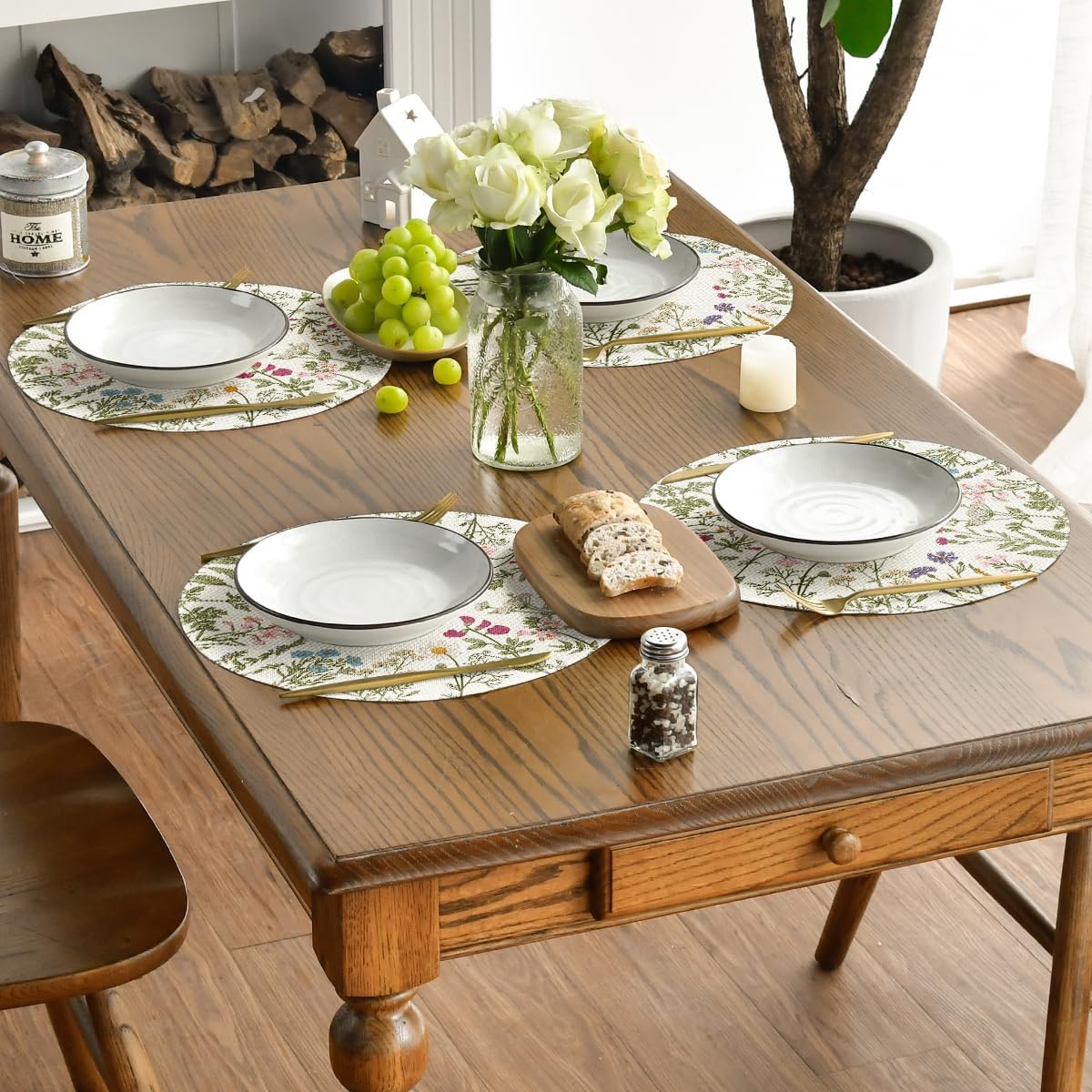 Antique Herbs Wild Flowers Spring Placemats Set of 4, 14 Inch Summer Round Table Mats for Dining Decoration