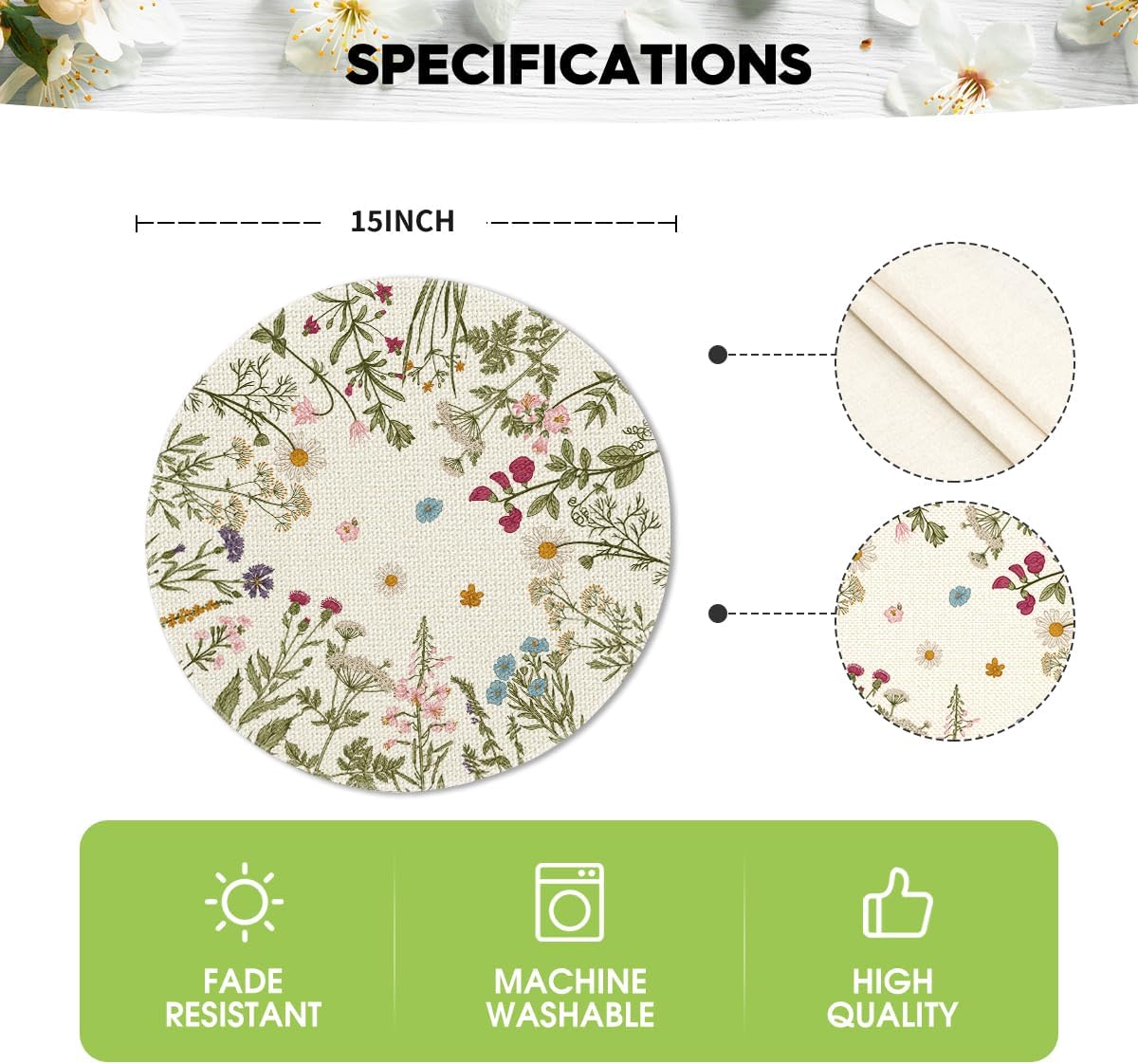 Antique Herbs Wild Flowers Spring Placemats Set of 4, 14 Inch Summer Round Table Mats for Dining Decoration