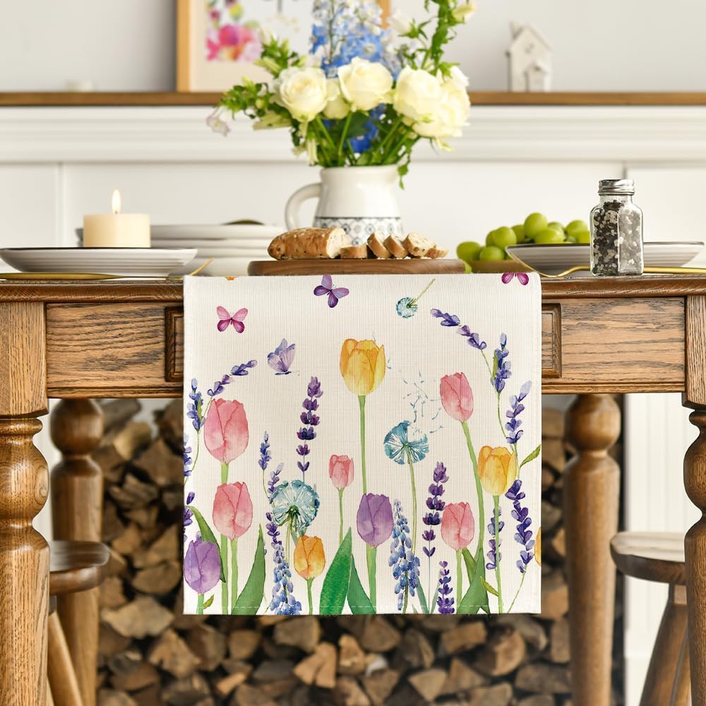 Lavender Tulip Summer Table Runner, Spring Seasonal Anniversary Holiday Kitchen Dining Table Decoration for Indoor Outdoor Home Party Decor 13 x 72 Inch