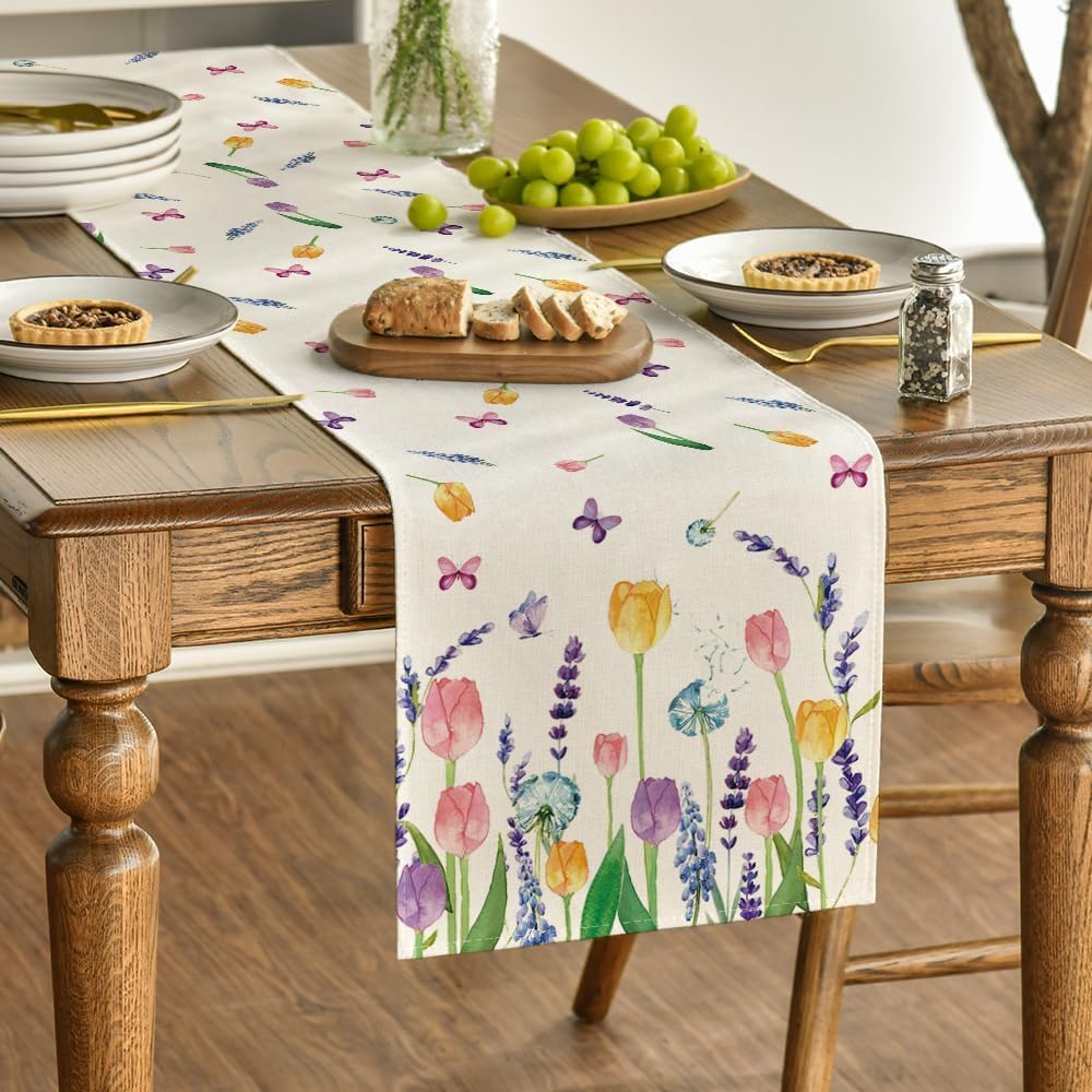 Lavender Tulip Summer Table Runner, Spring Seasonal Anniversary Holiday Kitchen Dining Table Decoration for Indoor Outdoor Home Party Decor 13 x 72 Inch