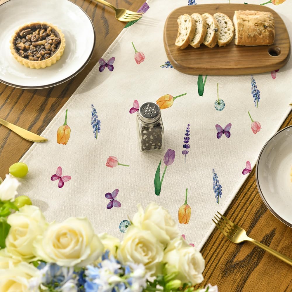 Lavender Tulip Summer Table Runner, Spring Seasonal Anniversary Holiday Kitchen Dining Table Decoration for Indoor Outdoor Home Party Decor 13 x 72 Inch