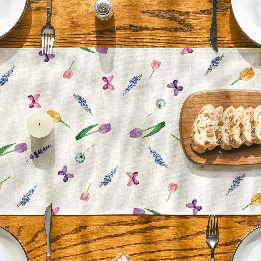 Lavender Tulip Summer Table Runner, Spring Seasonal Anniversary Holiday Kitchen Dining Table Decoration for Indoor Outdoor Home Party Decor 13 x 72 Inch