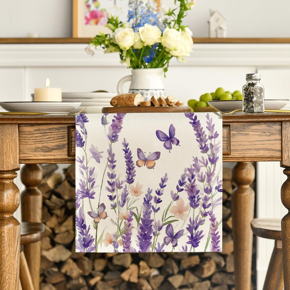 Purple Lavender Floral Butterflies Spring Table Runner, Seasonal Summer Kitchen Dining Table Decoration for Home Party Decor 13x72 Inch