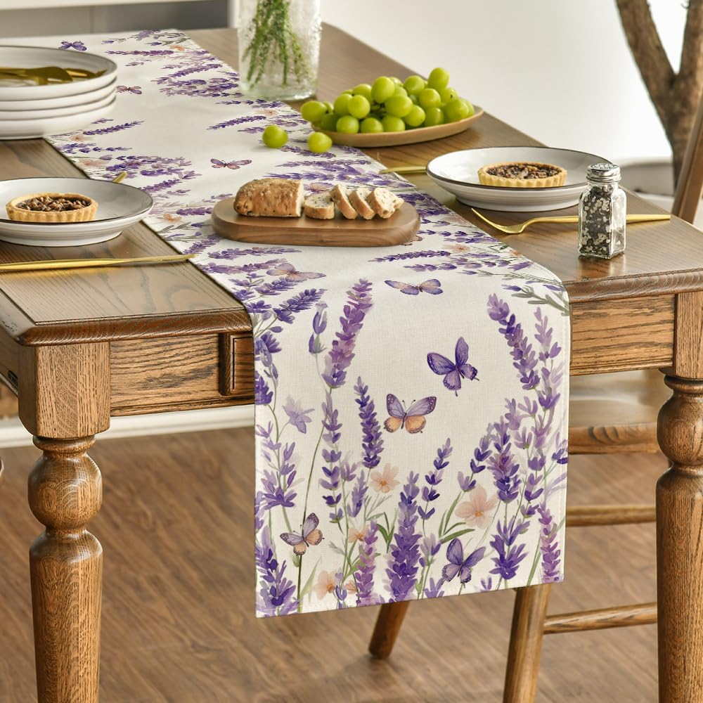 Purple Lavender Floral Butterflies Spring Table Runner, Seasonal Summer Kitchen Dining Table Decoration for Home Party Decor 13x72 Inch