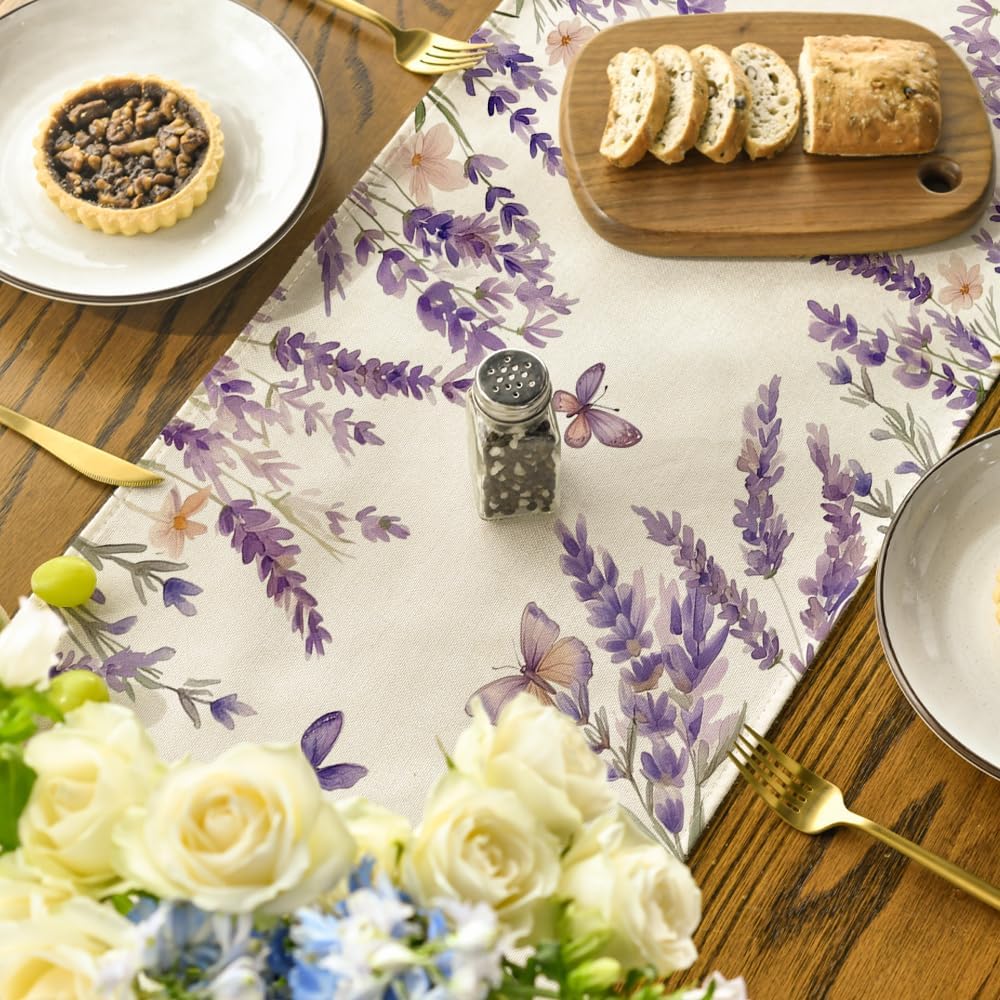 Purple Lavender Floral Butterflies Spring Table Runner, Seasonal Summer Kitchen Dining Table Decoration for Home Party Decor 13x72 Inch