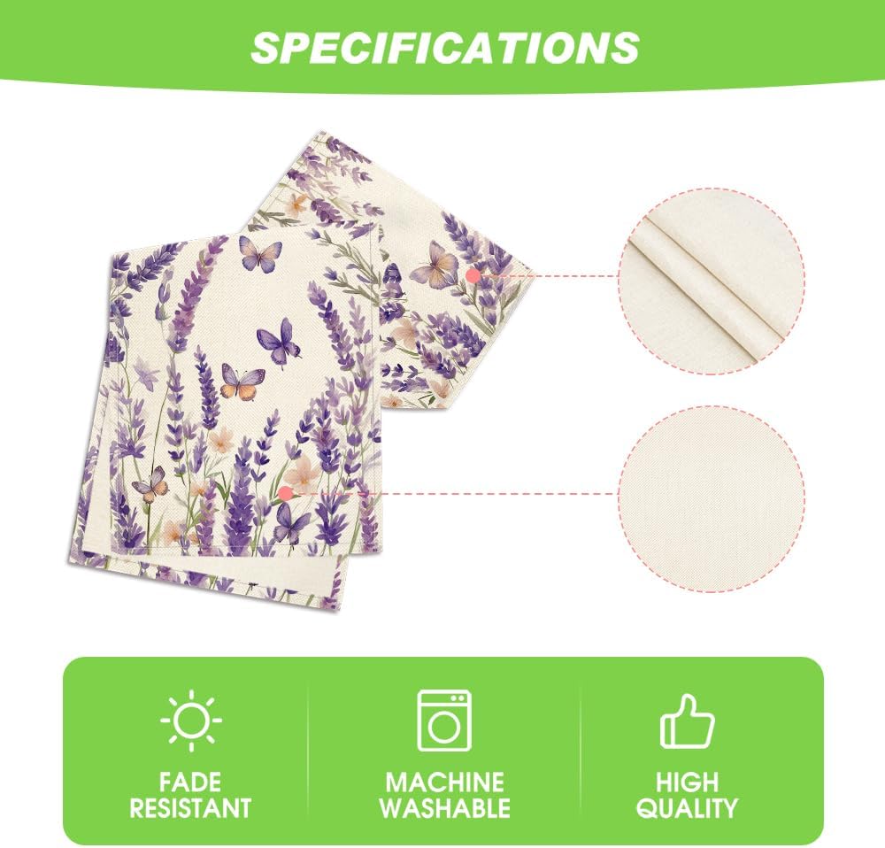Purple Lavender Floral Butterflies Spring Table Runner, Seasonal Summer Kitchen Dining Table Decoration for Home Party Decor 13x72 Inch