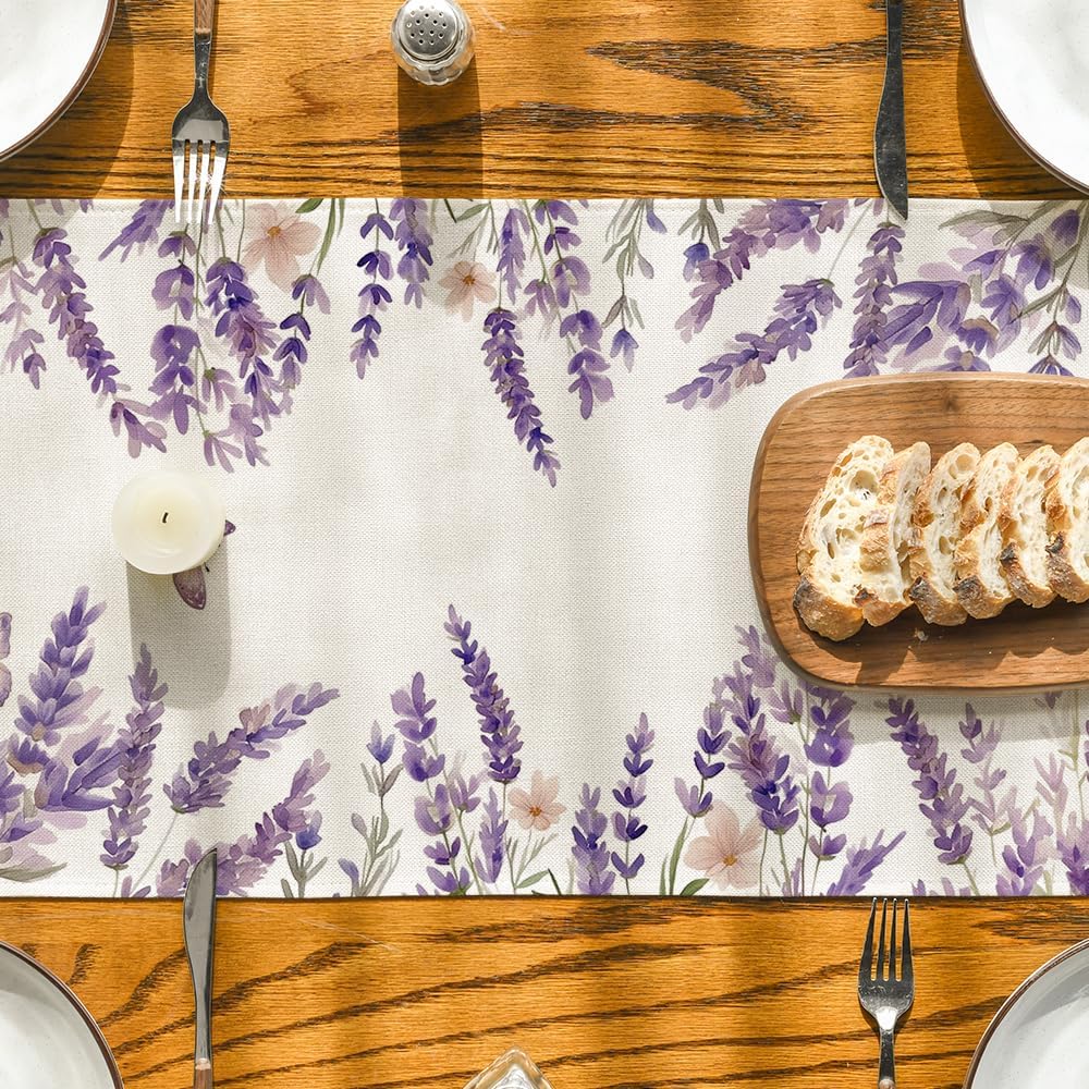 Purple Lavender Floral Butterflies Spring Table Runner, Seasonal Summer Kitchen Dining Table Decoration for Home Party Decor 13x72 Inch