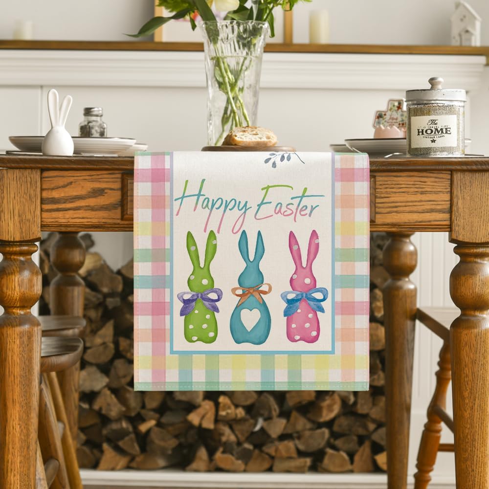 Green Blue Pink Buffalo Plaid Bunny Happy Easter Table Runner, Spring Kitchen Dining Table Decoration for Home Party Decor 13x72 Inch