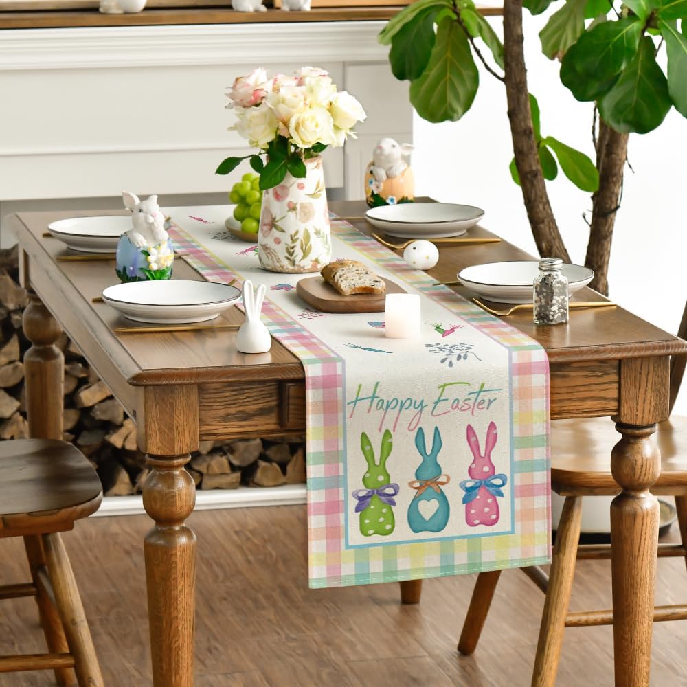 Green Blue Pink Buffalo Plaid Bunny Happy Easter Table Runner, Spring Kitchen Dining Table Decoration for Home Party Decor 13x72 Inch