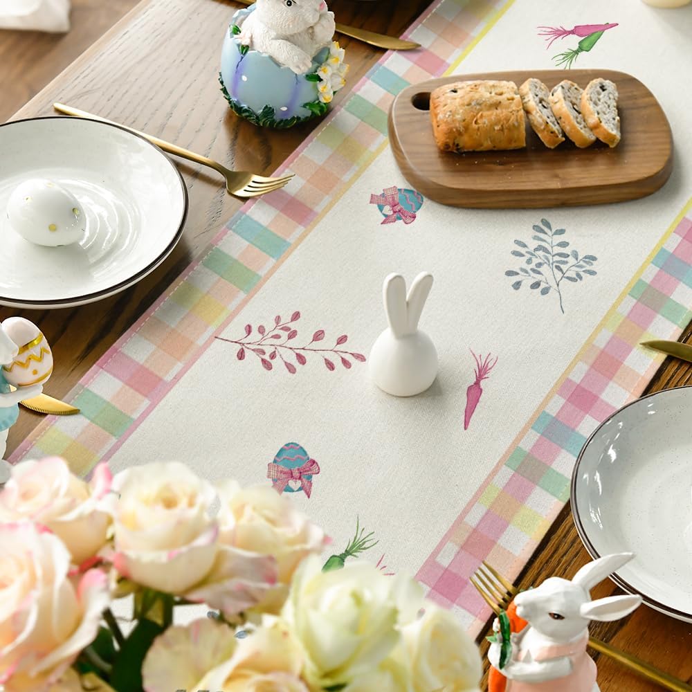 Green Blue Pink Buffalo Plaid Bunny Happy Easter Table Runner, Spring Kitchen Dining Table Decoration for Home Party Decor 13x72 Inch