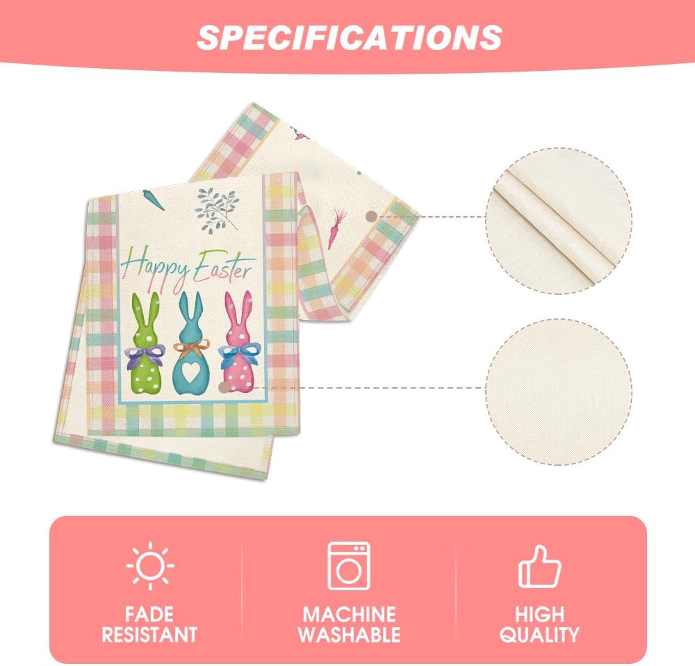 Green Blue Pink Buffalo Plaid Bunny Happy Easter Table Runner, Spring Kitchen Dining Table Decoration for Home Party Decor 13x72 Inch