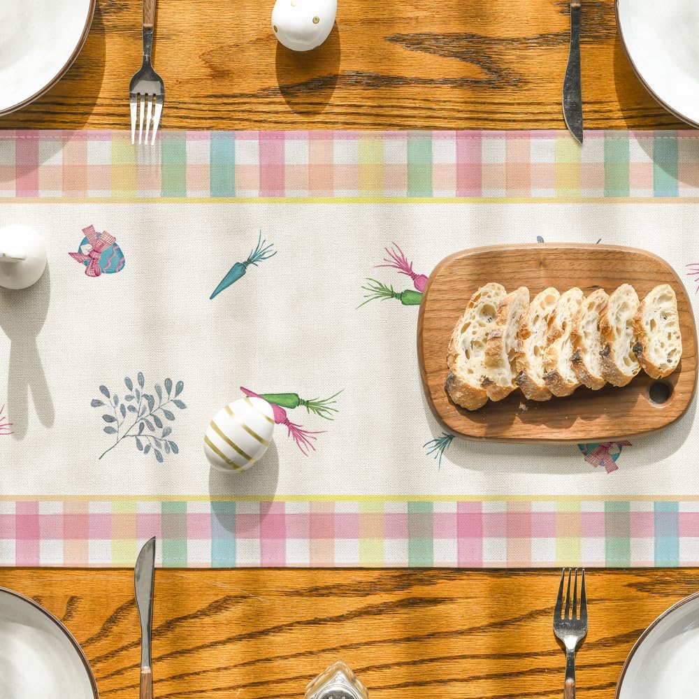Green Blue Pink Buffalo Plaid Bunny Happy Easter Table Runner, Spring Kitchen Dining Table Decoration for Home Party Decor 13x72 Inch