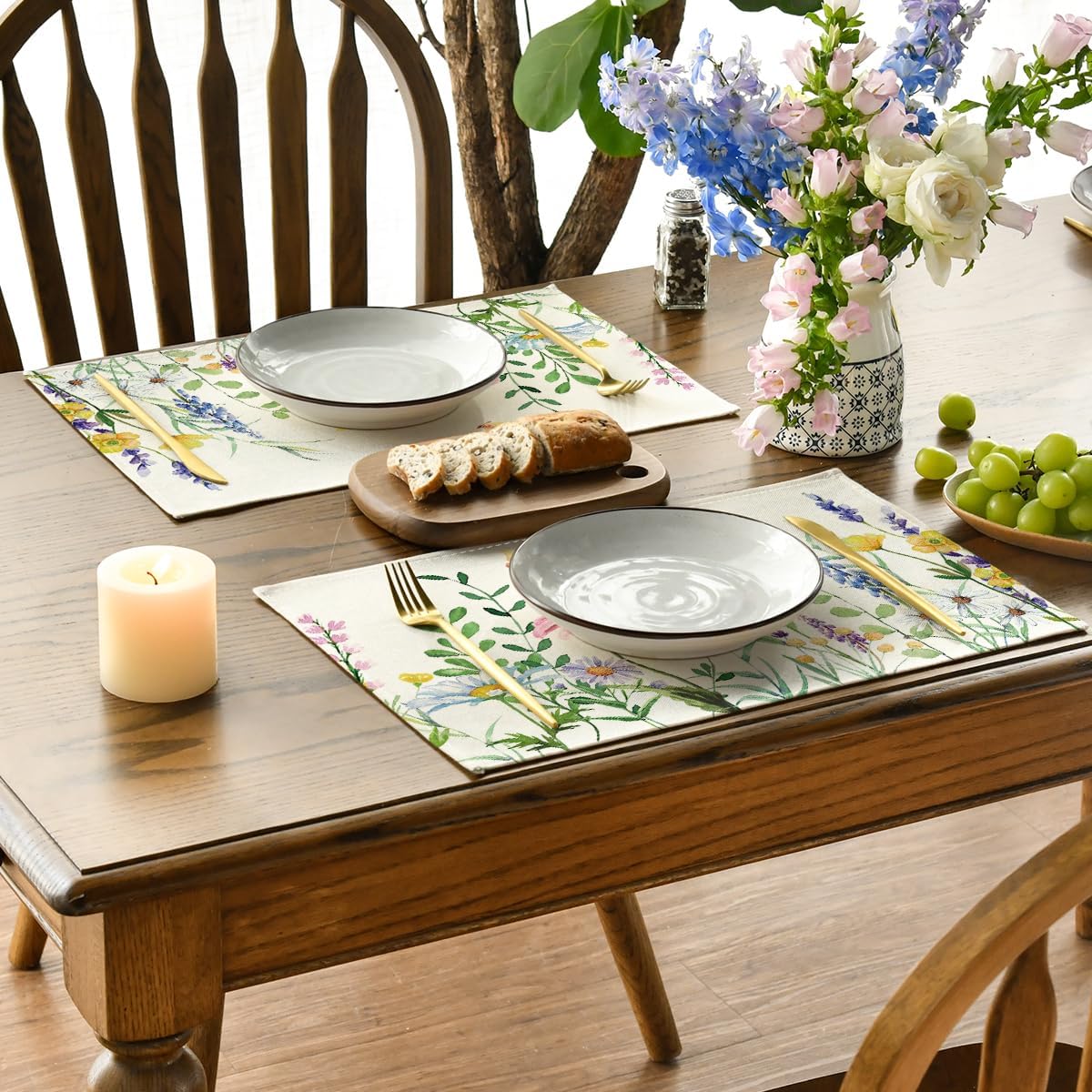 Daisy Eucalyptus Lavender Floral Leaves Spring Placemats Set of 4,12x18 Inch Seasonal Table Mats for Party Kitchen Dining Decoration
