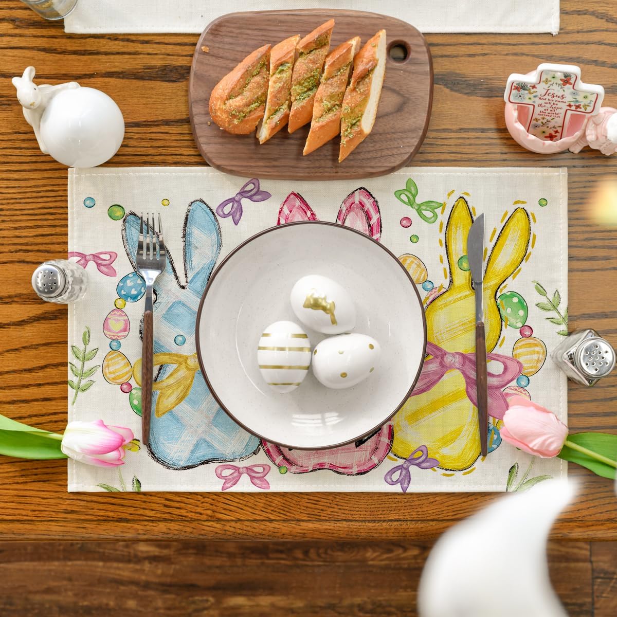 Bunny Rabbits Eggs Easter Placemats Set of 4, 12x18 Inch Floral Bow Seasonal Spring Holiday Table Mats for Party Kitchen Dining Decoration