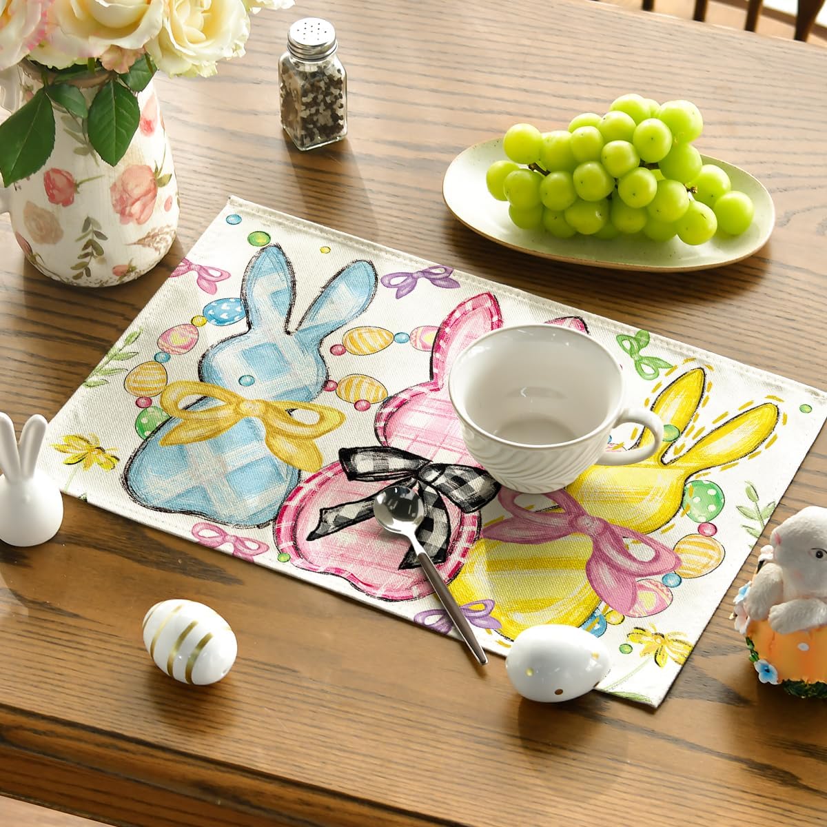 Bunny Rabbits Eggs Easter Placemats Set of 4, 12x18 Inch Floral Bow Seasonal Spring Holiday Table Mats for Party Kitchen Dining Decoration