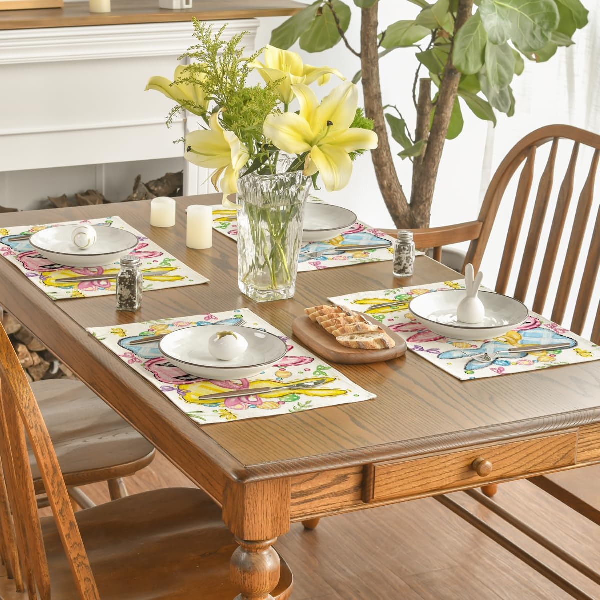 Bunny Rabbits Eggs Easter Placemats Set of 4, 12x18 Inch Floral Bow Seasonal Spring Holiday Table Mats for Party Kitchen Dining Decoration