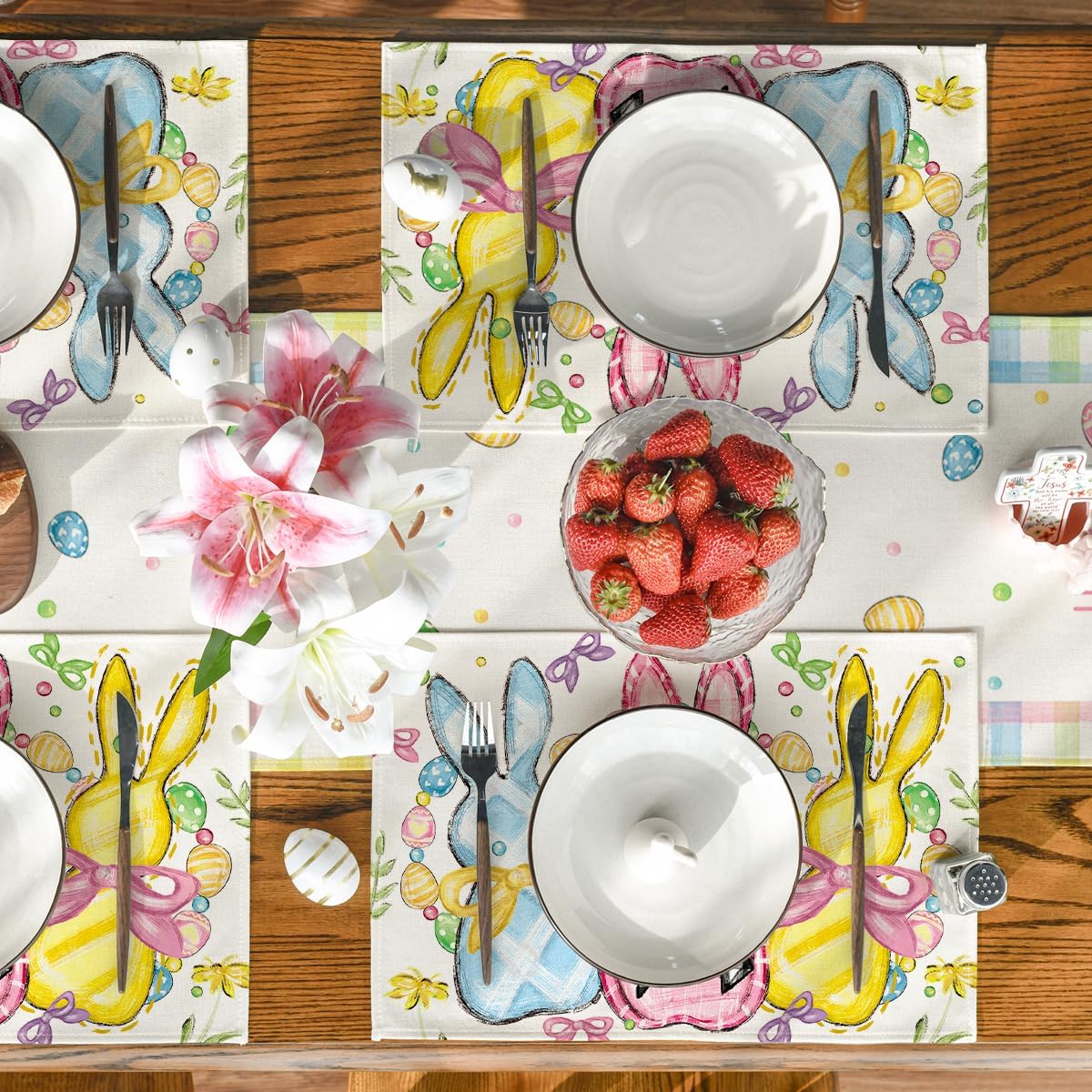 Bunny Rabbits Eggs Easter Placemats Set of 4, 12x18 Inch Floral Bow Seasonal Spring Holiday Table Mats for Party Kitchen Dining Decoration