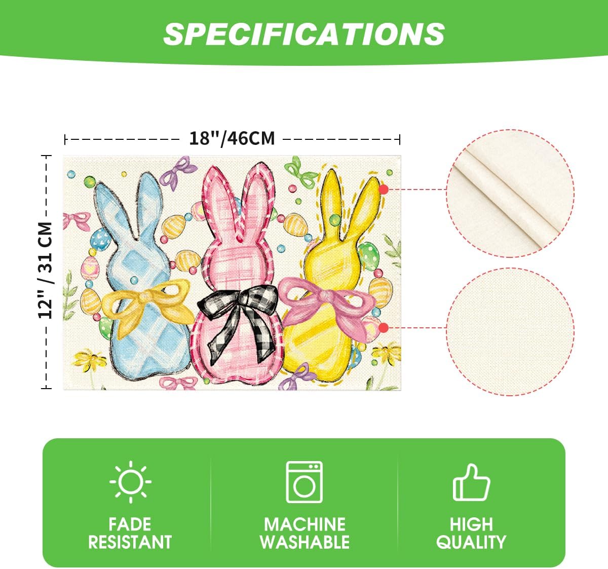 Bunny Rabbits Eggs Easter Placemats Set of 4, 12x18 Inch Floral Bow Seasonal Spring Holiday Table Mats for Party Kitchen Dining Decoration