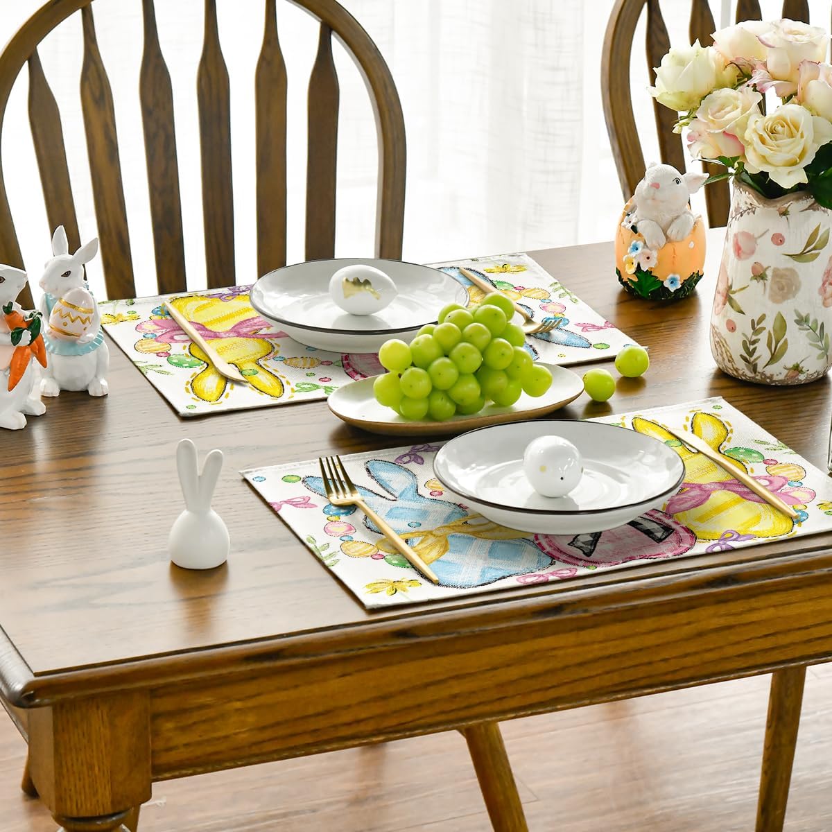 Bunny Rabbits Eggs Easter Placemats Set of 4, 12x18 Inch Floral Bow Seasonal Spring Holiday Table Mats for Party Kitchen Dining Decoration