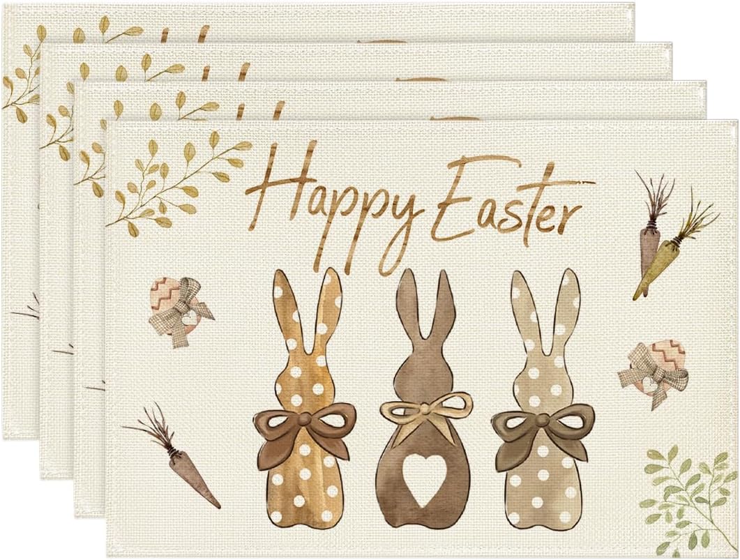 Carrots Rabbit Bunny Happy Easter Placemats for Dining Table, 12 x 18 Inch Spring Seasonal Holiday Decoration Rustic Vintage Washable Table Mats Set of 4