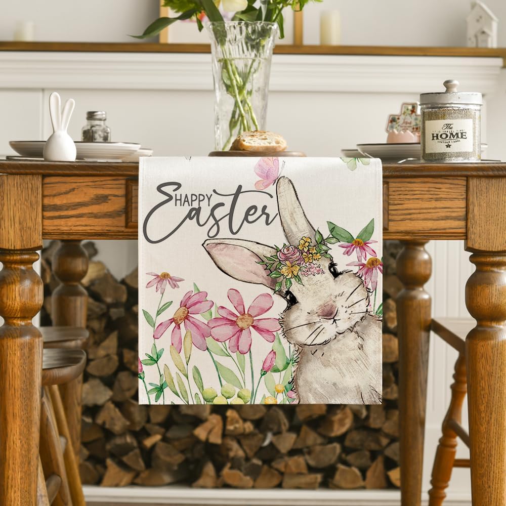 Daisy Bunny Rabbit Easter Table Runner, Seasonal Spring Kitchen Dining Table Decoration for Home Party Decor 13x72 Inch