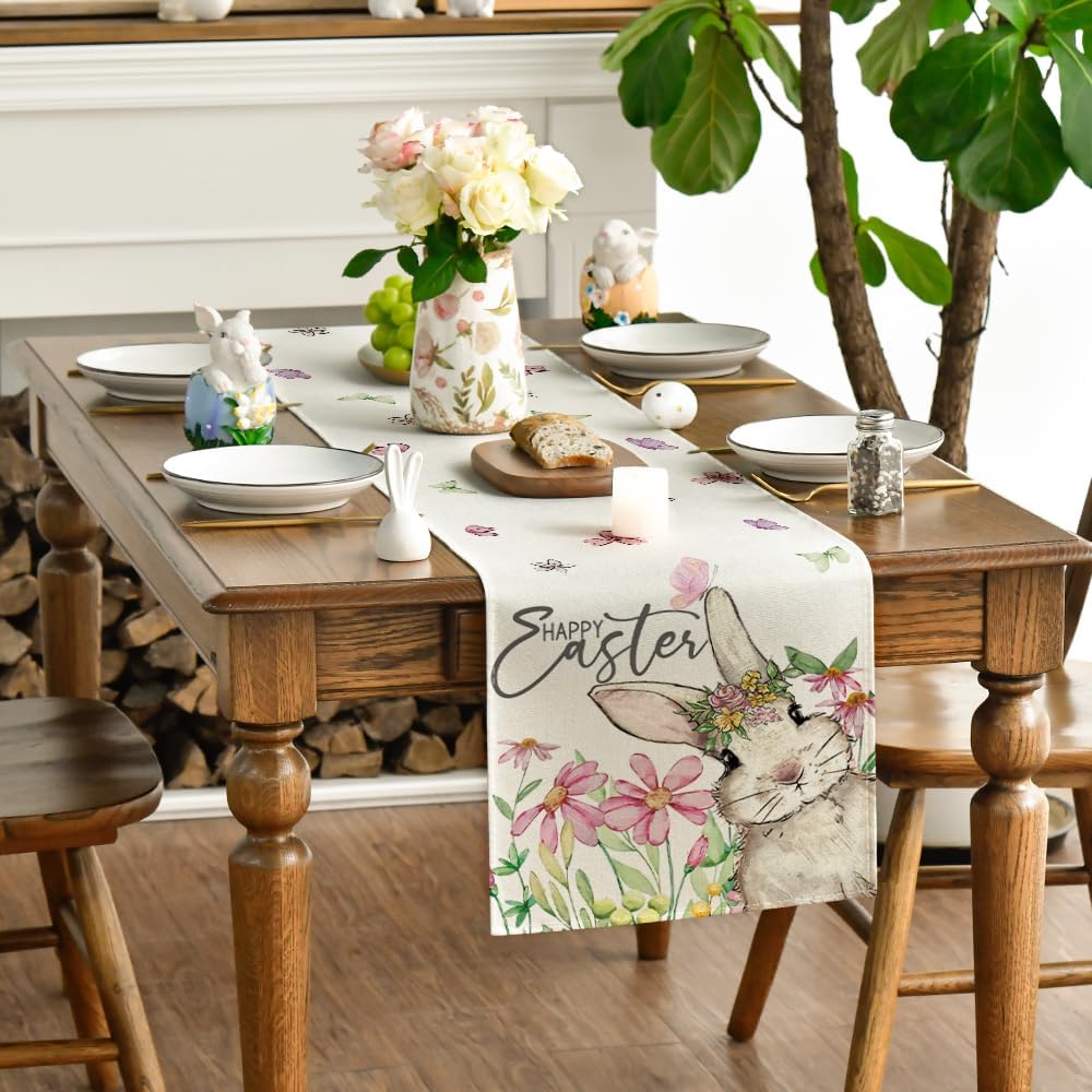 Daisy Bunny Rabbit Easter Table Runner, Seasonal Spring Kitchen Dining Table Decoration for Home Party Decor 13x72 Inch