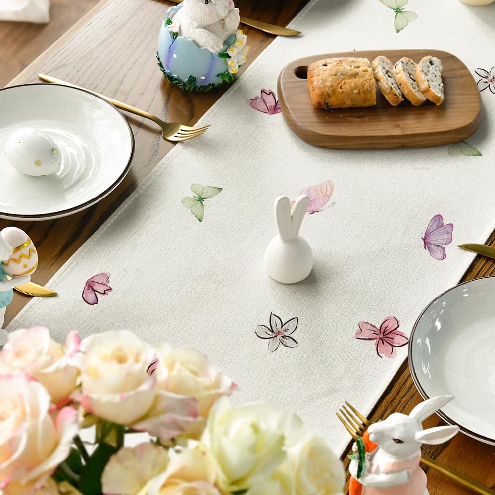 Daisy Bunny Rabbit Easter Table Runner, Seasonal Spring Kitchen Dining Table Decoration for Home Party Decor 13x72 Inch