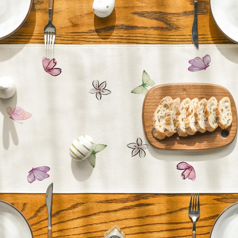 Daisy Bunny Rabbit Easter Table Runner, Seasonal Spring Kitchen Dining Table Decoration for Home Party Decor 13x72 Inch