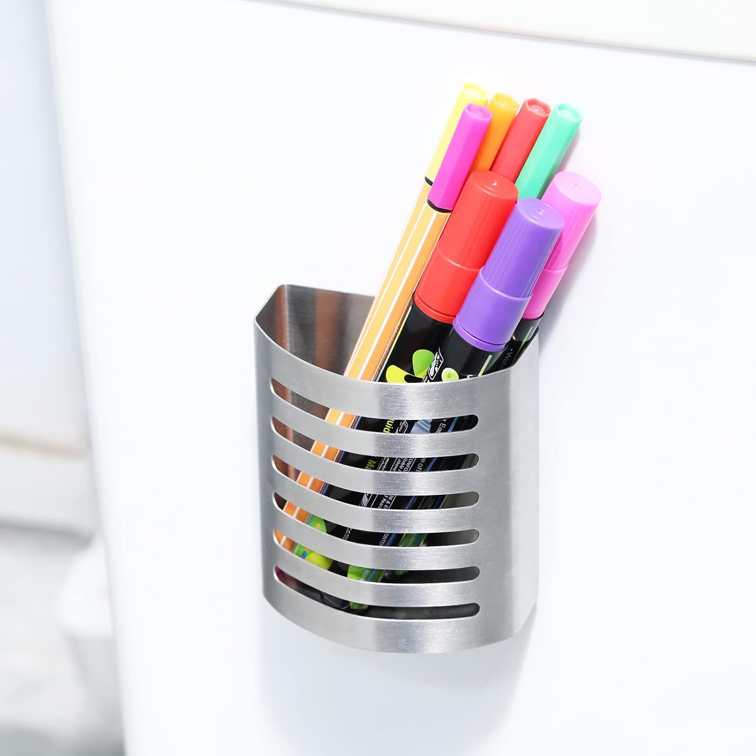 2 Pack Magnetic Modern Pen and Pencil Holder, Metal Writing Utensil Storage Organizer for Kitchen, Locker, Home, or Office, 3.25" x 1.75" x 3.50", Brushed Stainless Steel