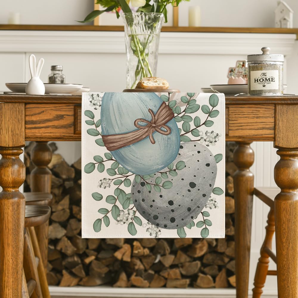 Eucalyptus Egg Easter Table Runner, Spring Kitchen Dining Table Decor for Indoor Outdoor Home Party Decor 13x72 Inch