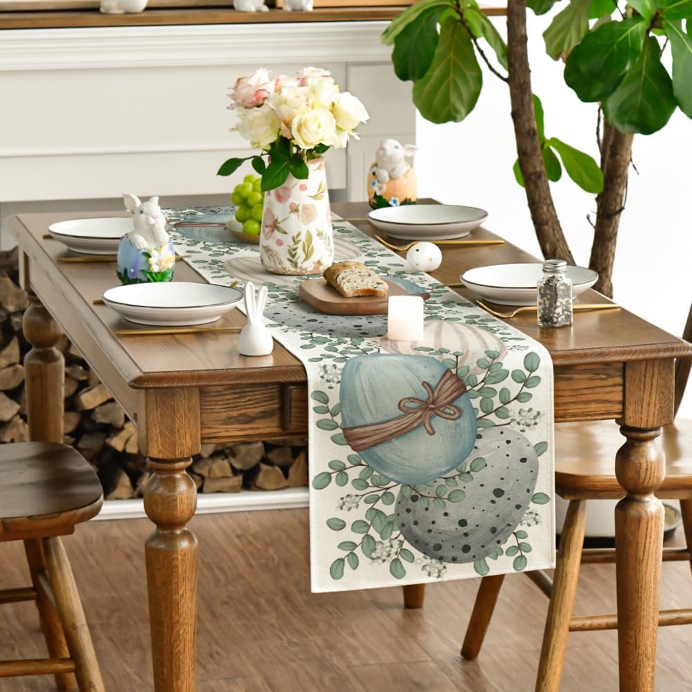 Eucalyptus Egg Easter Table Runner, Spring Kitchen Dining Table Decor for Indoor Outdoor Home Party Decor 13x72 Inch