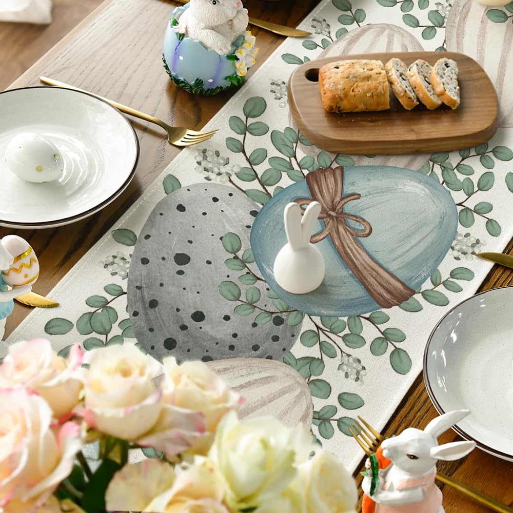 Eucalyptus Egg Easter Table Runner, Spring Kitchen Dining Table Decor for Indoor Outdoor Home Party Decor 13x72 Inch
