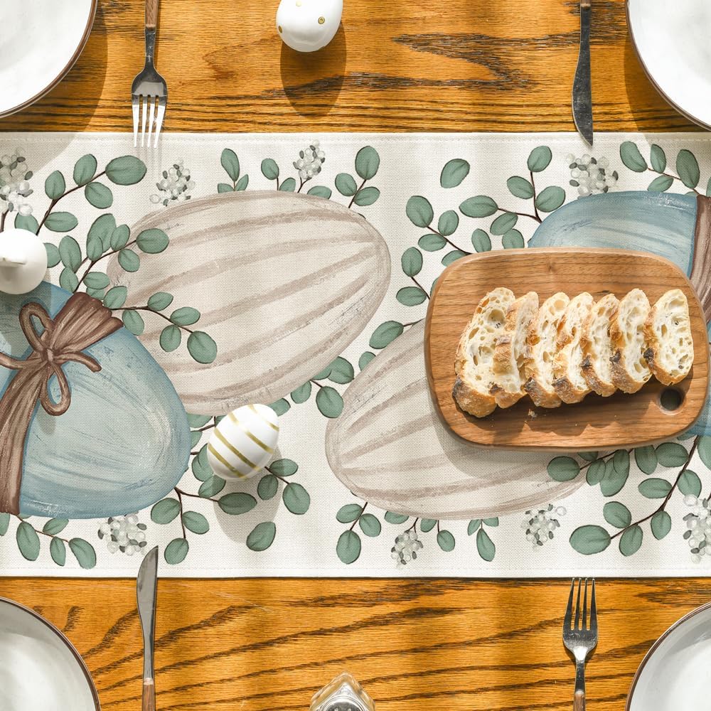 Eucalyptus Egg Easter Table Runner, Spring Kitchen Dining Table Decor for Indoor Outdoor Home Party Decor 13x72 Inch