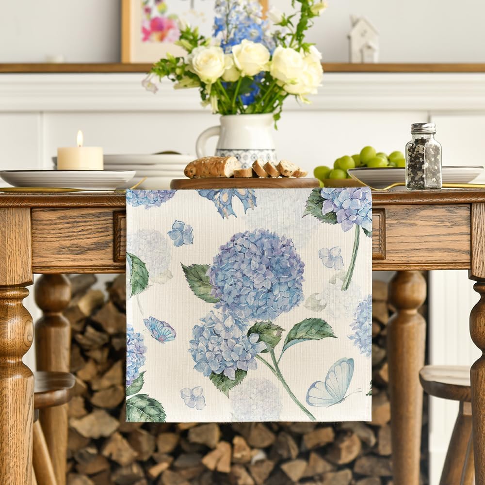 Hydrangea Butterfly Summer Table Runner, Seasonal Spring Holiday Kitchen Dining Table Decoration for Home Party Indoor 13x72 Inch
