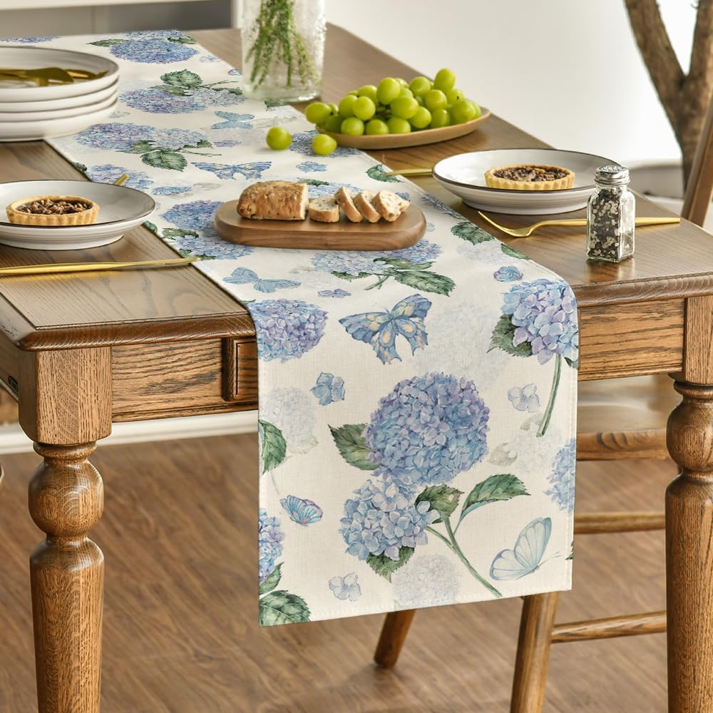 Hydrangea Butterfly Summer Table Runner, Seasonal Spring Holiday Kitchen Dining Table Decoration for Home Party Indoor 13x72 Inch