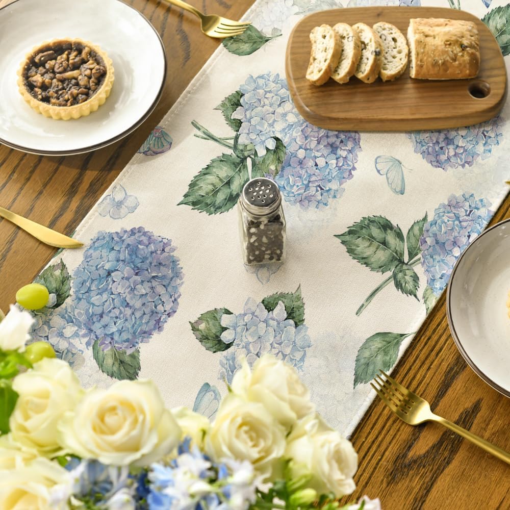 Hydrangea Butterfly Summer Table Runner, Seasonal Spring Holiday Kitchen Dining Table Decoration for Home Party Indoor 13x72 Inch